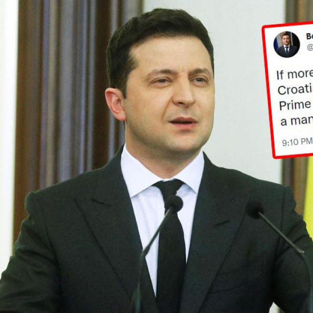 Volodimir Zelenski tijekom zajedničke konferencije za medije s hrvatskim premijerom Andrejem Plenkovićem u Kijevu; u pravokutniku: tweet Zelenskog u kojem se referira na izjavu predsjednika RH Zorana Milanovića koji je Plenkovićev odlazak u Ukrajinu nazvao ”običnim šarlatanstvom”
