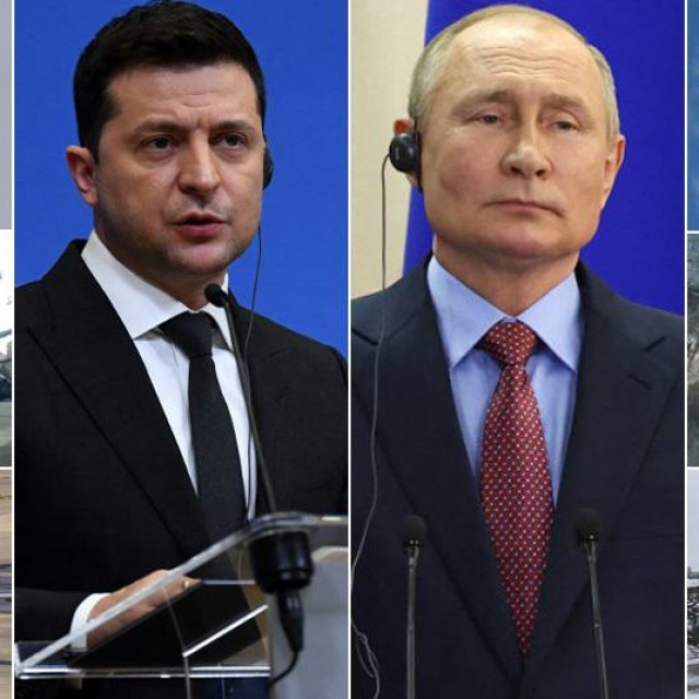 Lijevo: ukrajinski borbeni avion Su-27, vojna parada u Kijevu, turski dron Bayraktar, ukrajinski predsjednik Volodimir Zelenskij; desno: ruski predsjednik Putin, ruski helikopter Kamov Ka-52, ruske trupe pokraj granice s Ukrajinom, ruski raketni sustav S-400 na Krimu
