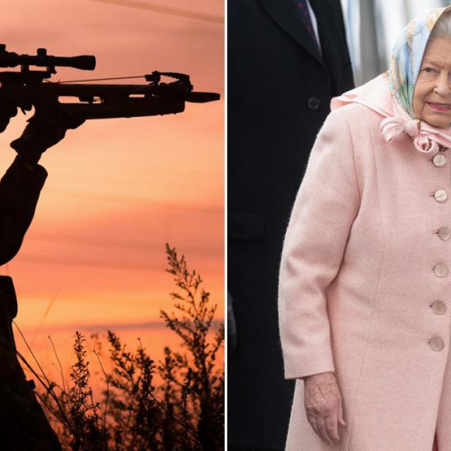 Ilustracija, muškarac koji puca iz samostrela i kraljica Elizabeta II
