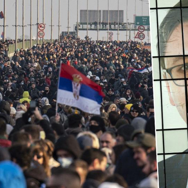 Prosvjed u Beogradu protiv davanja koncesije za rudnike litija kompaniji Rio Tinto i postavljanje gigantskog plakata predsjednika Srbije Aleksandra Vučića na neboderu u Nišu
