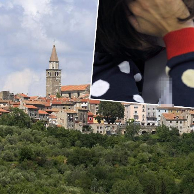 Ilustracija, grad Buje i osoba koja gleda neplaćene račune

