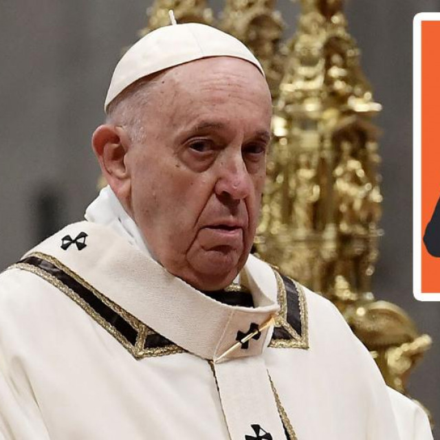 Papa Franjo; u pravokutniku: biskupi Škvorčević i Puljić te nadbiskup Bozanić
