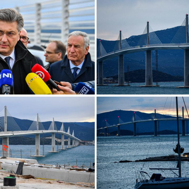 Andrej Plenković (gore lijevo), prizori Pelješkog mosta