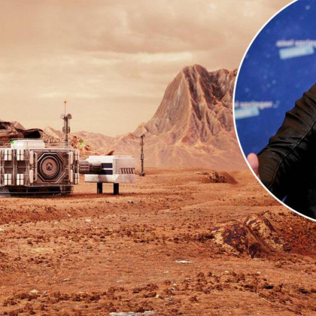 Ilustracija prve buduće baze na Marsu, Elon Musk (u krugu)
