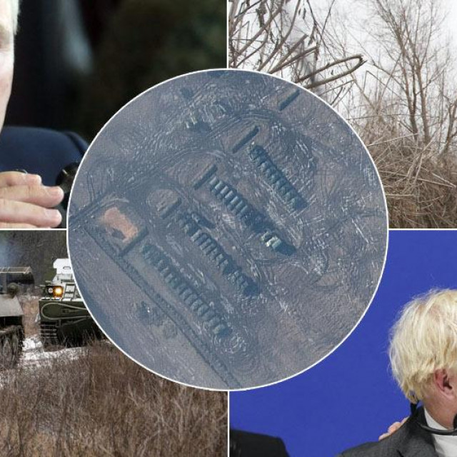 Vladimir Putin, ukrajinski vojnik, ruski tenkovi, Boris Johnson i Joe Biden, satelitska snimka ruske vojske kod granice s Ukrajinom
