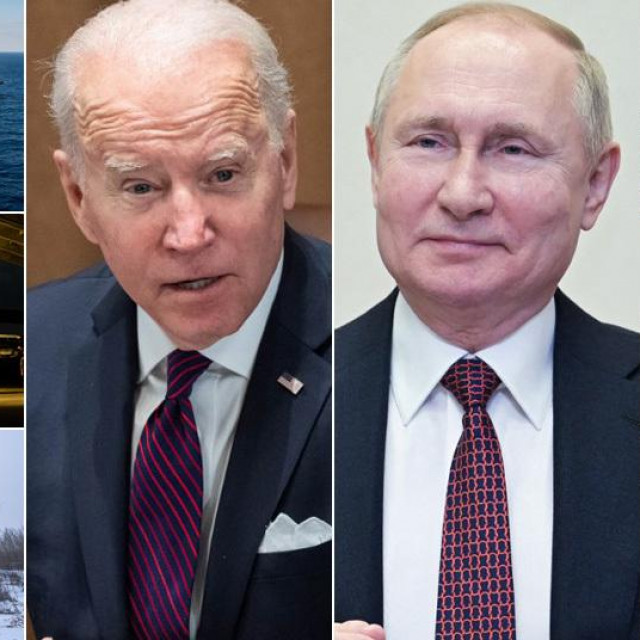 Američki ratni brodovi i borbeni avion, ukrajinski tenk, Joe Biden, Vladimir Putin, ruski tenk i ruski borbeni avion