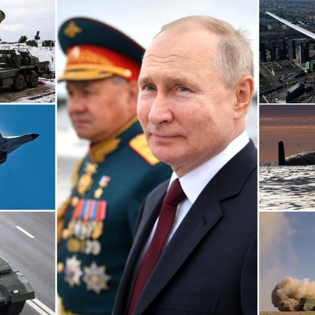 Lijevo: raketni sustav S-400, borbeni avion Su-35S, tenk Armata; u sredini: Vladimir Putin; desno: supersonični bombarder Tu-160 Blackjack, nuklearna balistička podmornica klase Borei i projektil Iskander