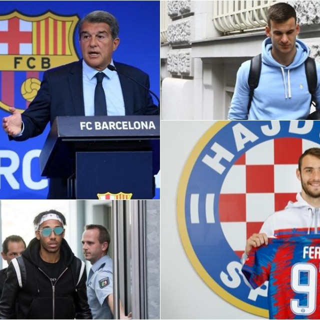 Joan Laporta, Simon Sluga, Pierre-Emerick Aubameyang i Ferro
