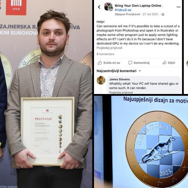 Boris Vujčić nedavno je za dizajn eurokovanice Stjepanu Pranjkoviću uručio prizanje (lijevo); Pranjković je pomoć u dizajniranju tražio na Facebooku (gore desno); Pranjkovićev rad pobijedio je na natječaju za kovanicu od 1 eura (dolje desno)
