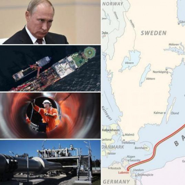 Karta koja prikazuje kuda prolazi plinovod Sjeverni tok 2, s lijeve strane Vladimir Putin i prizori gradnje plinovoda
