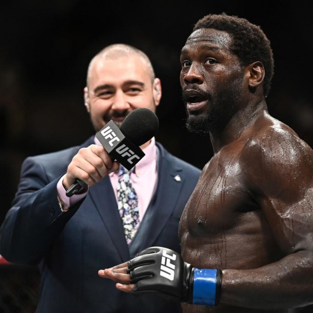 Sep 28, 2019; Copenhagen, DEN; Jared Cannonier (blue gloves) is interviewed after defeating Jack Hermansson (not pictured) during UFC Fight Night at Royal Arena.,Image: 474026868, License: Rights-managed, Restrictions: *** World Rights ***, Model Release: no, Credit line: USA TODAY Network/ddp USA/Profimedia