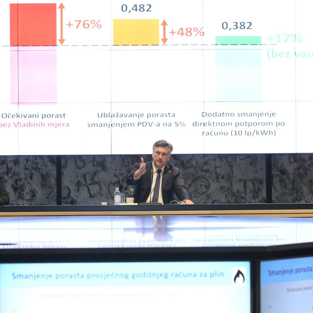 Tomo Medved, Andrej Plenković i Zdravko Marić na press konferenciji o mjerama Vlade za ublažavanje rasta cijena energenata

