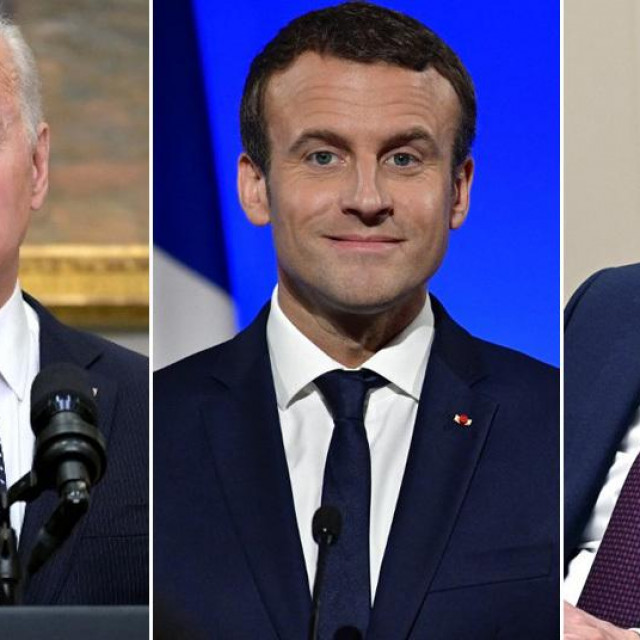 Joe Biden, Emmanuel Macron i Vladimir Putin
