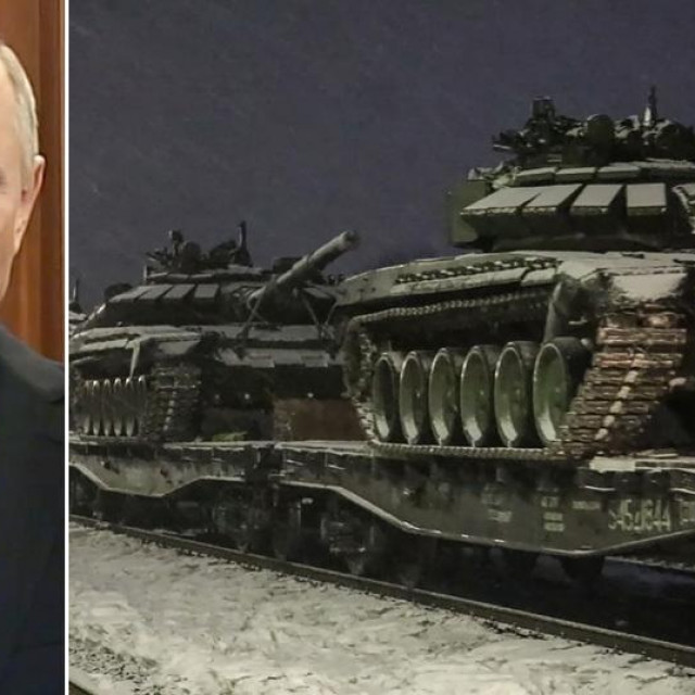 Vladimir Putin, ruski tenkovi i Volodimir Zelenski
