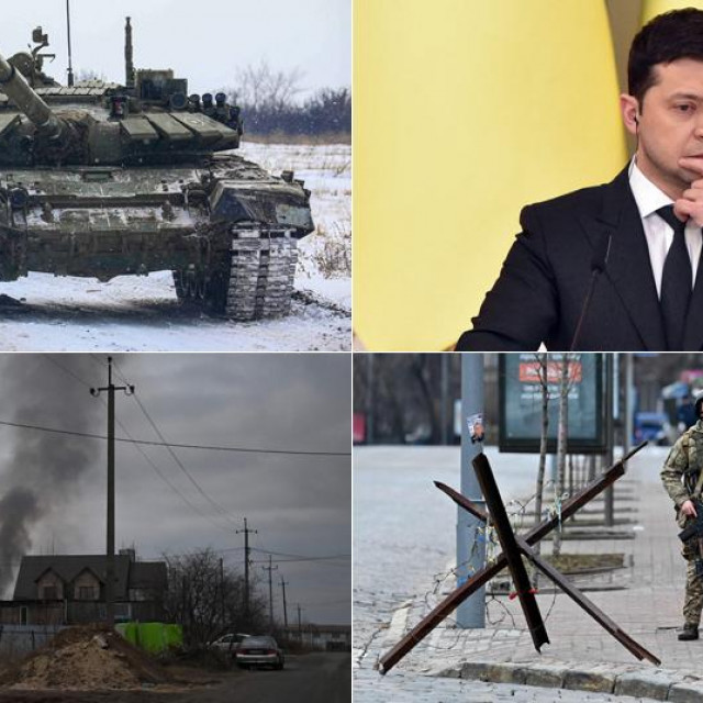 Ukrajinski predsjednik Volodimir Zelenski (G-D); mjesto Hostomel nedaleko od Zračne luke Antonov (D-L); ukrajinski vojnici čuvaj tzv. vladinu četvrt u Kijevu
