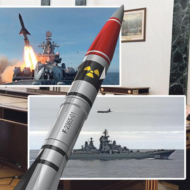 Sergej Šojgu i Valerij Gerasimov (lijevo); Vladimir Putin (desno)
