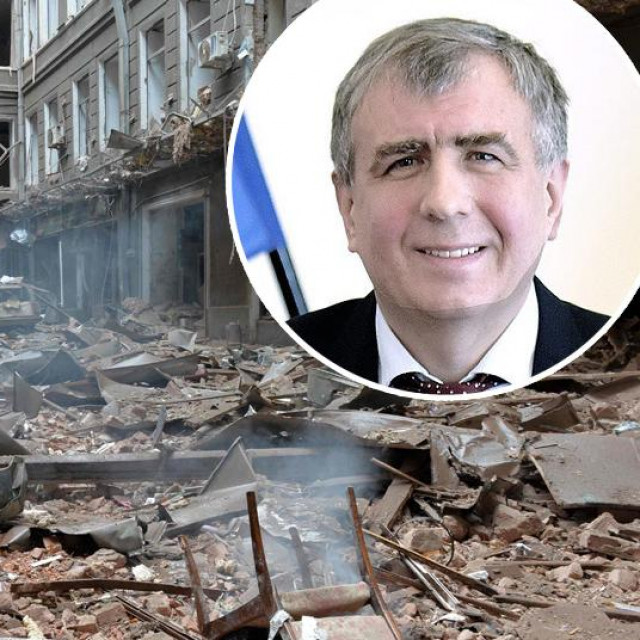 Ustavni trg u Harkivu nakon raketiranja; u krugu: Oleksandr Levčenko
