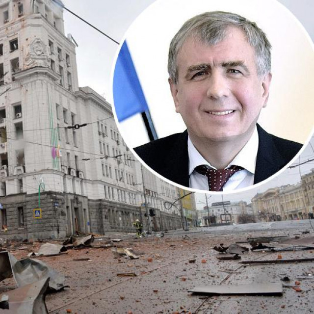 Ustavni trg u Harkivu nakon raketiranja; u krugu: Oleksandr Levčenko
