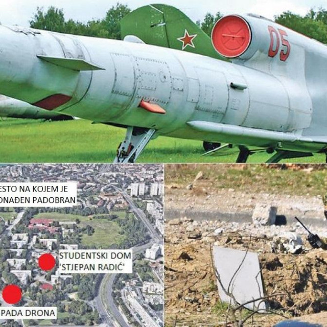 Tu-141 (gore); očevid nakon pada drona (dolje desno); prikaz lica mjesta (lijevo dolje)
