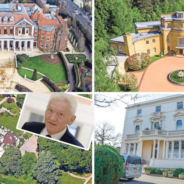 Andrej Gurjev i vila u Londonu (gore lijevo); Oleg Deripaska i palača Hamstone House (gore desno); Genadij Timčenko i vila u Švicarskoj (dolje lijevo); Roman Abramovič i vila nasuprot kraljevske palače u Londonu (dolje desno)
