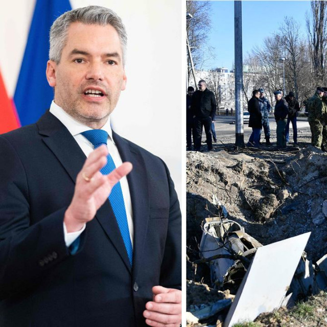 Karl Nehammer (lijevo) i Andrej Plenković na mjestu pada drona Tu-141 (desno)
