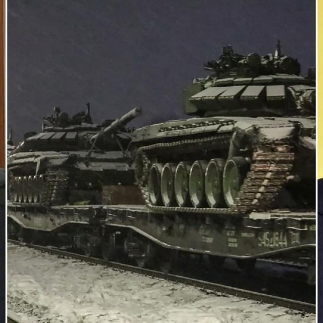 Vladimir Putin, ruski tenkovi i Volodimir Zelenski
