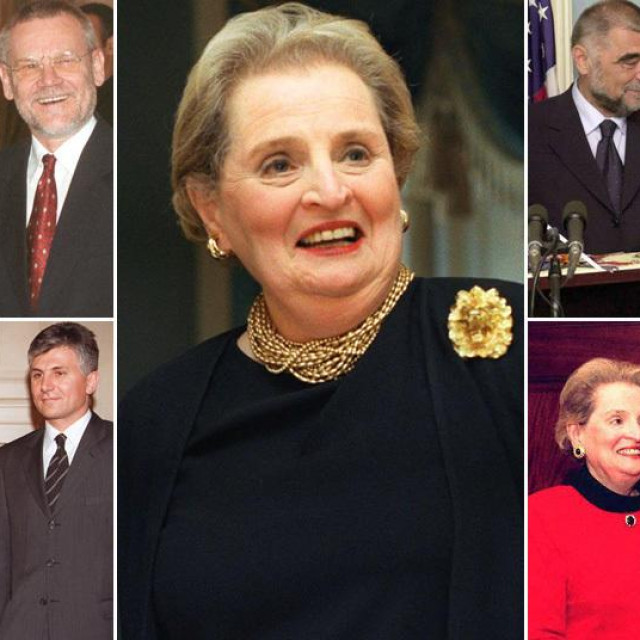 Lijevo: Madeleine Albright i Ivica Račan, dolje - Vuk Drašković, Madeleine Albright, Zoran Đinđić; u sredini - Madeleine Albright; desno - Albright i Stipe Mesić, dolje - Albright i Alija Izetbegović
