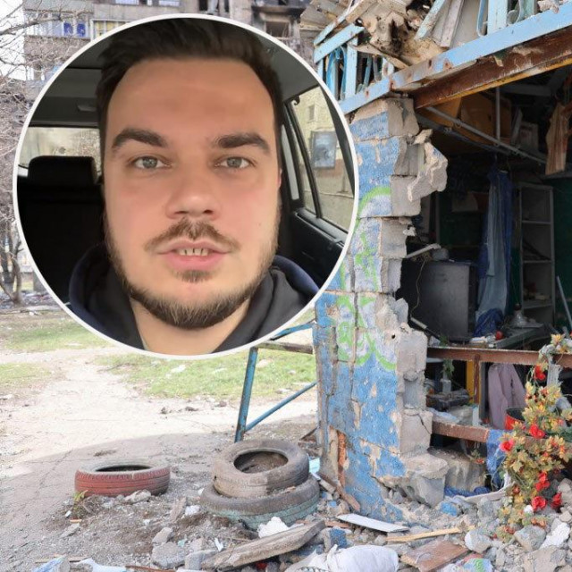 razrušeni Mariupolj; Dmitro Natalukha (u krugu)