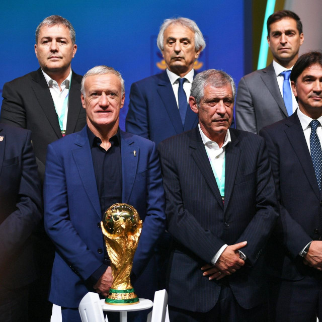 Zlatko Dalić nakon ždrijeba u društvu Vahida Halilhodžića, Dragana Skočića, Didiera Deschampsa, Fernanda Santosa i drugih izbornika