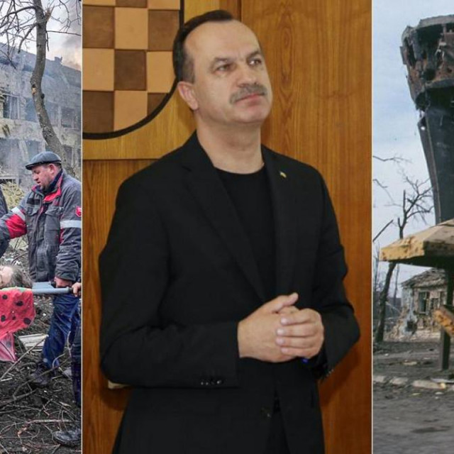 Prizor ispred granatirane bolnice u Mariupolju (lijevo), veleposlanik Vasilj Kirilič (u sredini), prizor iz ratnog Vukovara (desno)