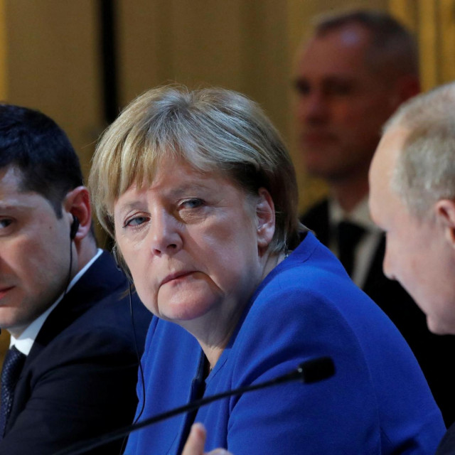 Volodimir Zelenski, Angela Merkel i Vladimir Putin 2019. u Parizu