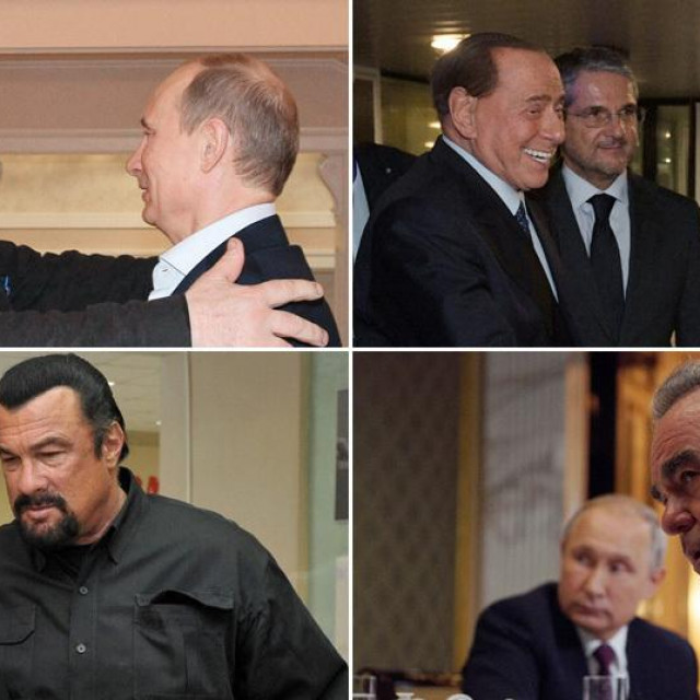 Vladimir Putin u društvu Gérarda Depardieua, Stevena Seagala, Olivera Stonea i Silvija Berlusconija