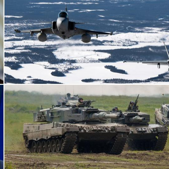 Lijevo: finska premijerka Sanna Marin (gore) i švedska premijerka Magdalena Andersson (dolje); Desno: Švedski JAS 39 Gripen i finski F/A-18 Hornet u letu, ispod finski tenkovi Leopard 2A4