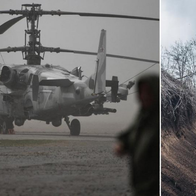Ruski borbeni helikopter Kamov Ka-52 i ukrajinski vojnik u rovu