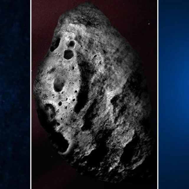 Lijevo i desno - snimke kometa C/2014 UN271 koje je napravio teleskop Hubble, u sredini ilustracija kometa