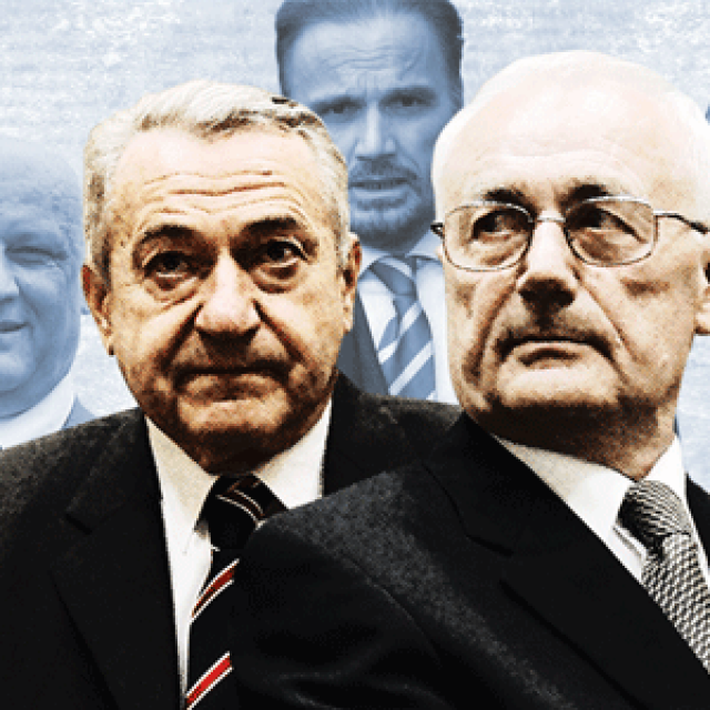 Zdravko Mustač i Josip Perković, u pozadini generali Rosj i Gotovina, odvjetnik Anto Nobilo i predsjednik Zoran Milanović
