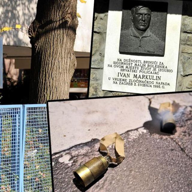 Dječja bolnica u Zagrebu (glavna fotografija), spomen ploča Ivanu Markulinu (gore desno), ”zvončić” (dolje desno)