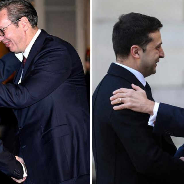 Emmanuel Macron i Aleksandar Vučić (lijevo), Volodimir Zelenski i Emmanuel Macron (desno)