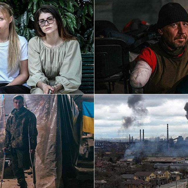 Supruge i partnerica članova bojne Azov Olha Andrianova, Katerina Prokopenko i Hana Naumenko (G-L); članovi bojne Azov (G-D, D-L); čeličana Azovstal tijekom raketiranja (D-D)