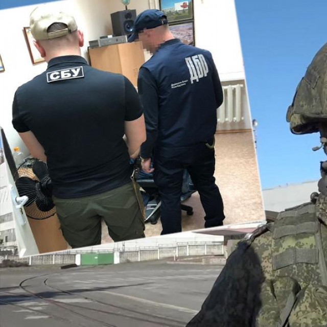 Fotografija istražitelja ukrajinskog Državnog istražnog ureda (u pravokutniku); Ruski vojnik čuva nuklearnu elektranu Černobil, 26. veljače 2022.