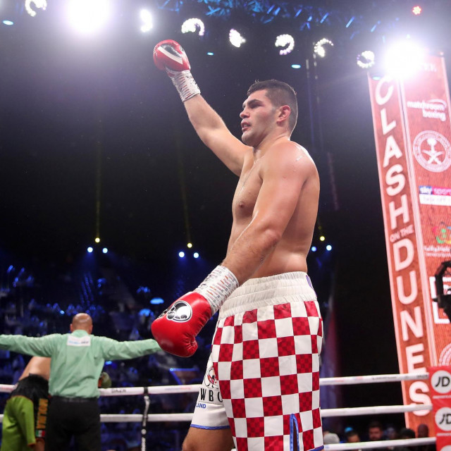 Filip Hrgovic celebrates beating Eric Molina (not pictured) after their WBC International Heavyweight Championship contest at the Diriyah Arena, Diriyah, Saudi Arabia.,Image: 486887323, License: Rights-managed, Restrictions:, Model Release: no, Credit line: Nick Potts/PA Images/Profimedia