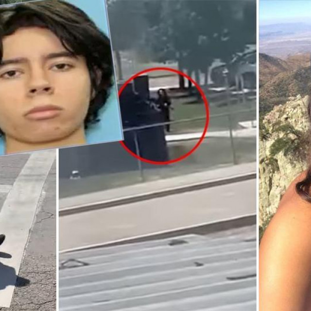 Policija na poprištu zločina, osumnjičeni za masakr (u pravokutniku) i prva identificirana žrtva, učiteljica Eva Mireles