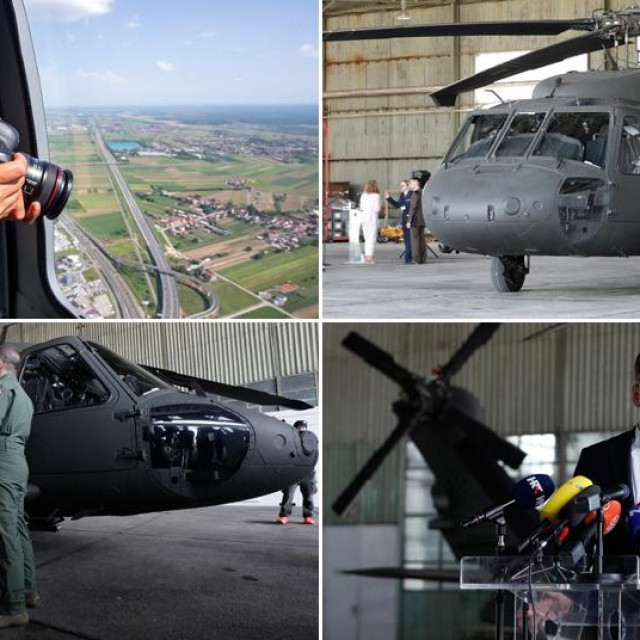 Probni let Black Hawkom, helikopter Black Hawk, predsjednik Zoran Milanović ispred helikoptera, ministar obrane Mario Banožić drži govor