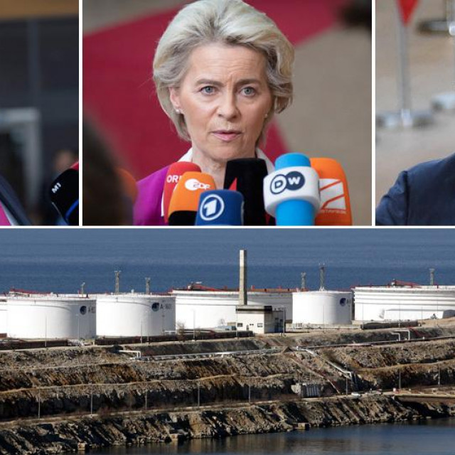 Viktor Orban, Ursula von der Leyen, Andrej Plenković; ispod: postrojenje Janafa na Krku