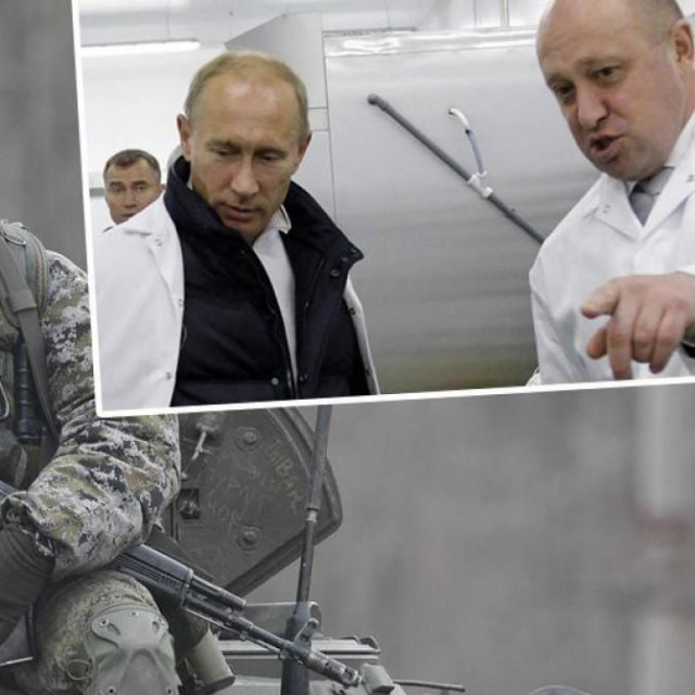 Ilustracija ruskog vojnika, Vladimir Putin i Jevgenij Prigožin, osnivač grupe Wagner