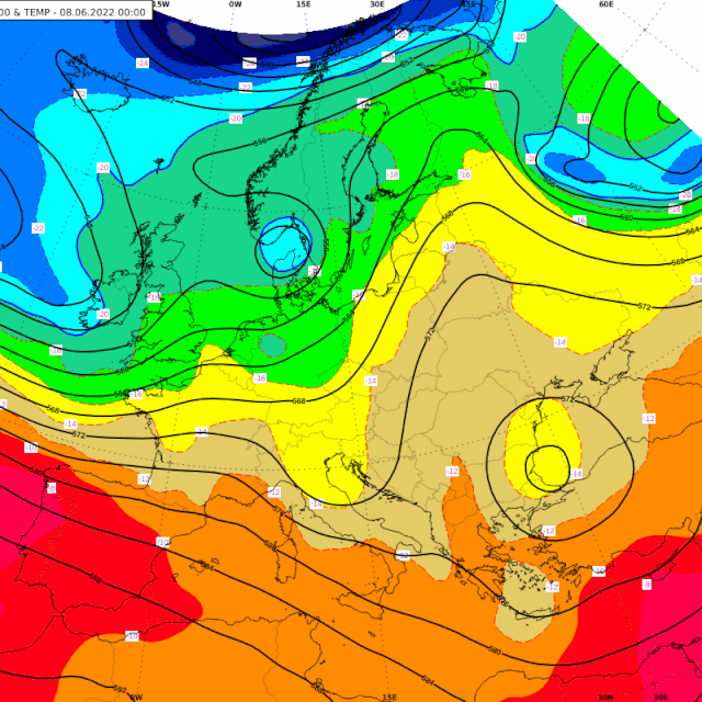 Animacija 1. ECMWF prognoza visine geopotencijalne plohe i temperature na 500 hPa od 8. 6. 2022. u 00 UTC do 12. 6. 2022. u 00 UTC