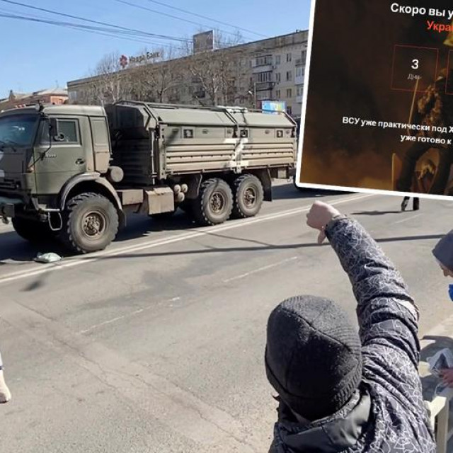 Prosvjedi Ukrajinaca u Hersonu protiv ruske vojske (glavna fotografija, arhiva); prizor s web stranice ukrajinskog pokreta otpora (gore desno)