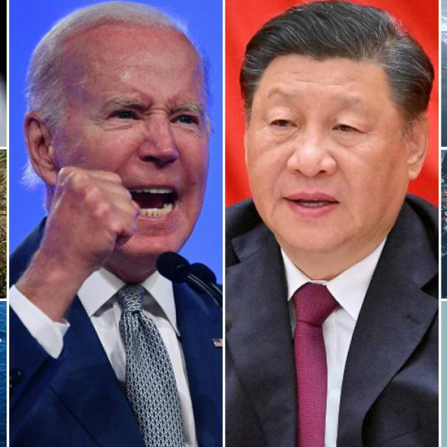 Lijevo: američki avion F-22 Raptor, američki marinac i američka nuklearna balistička podmornica klase Ohio; sredina: Joe Biden i Xi Jinping; desno; kineska nuklearna podmornica, kineski vojnici, kineski borbeni avion Chengdu J-20