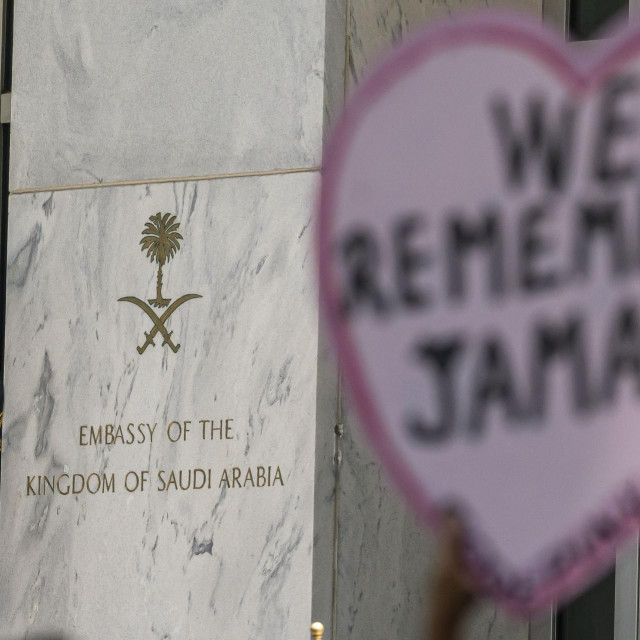 WASHINGTON, DC - JUNE 15: Security watches an event celebrating the renaming of the street outside the Embassy of the Kingdom of Saudi Arabia to Jamal Khashoggi Way on June 15, 2022 in Washington, DC. The event comes as President Biden announced an upcoming trip to Saudi Arabia in July. Nathan Howard/Getty Images/AFP
== FOR NEWSPAPERS, INTERNET, TELCOS & TELEVISION USE ONLY ==
