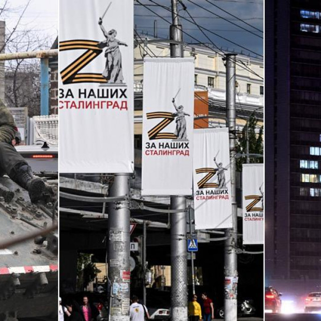 Simbol Z na ruskom tenku, zastavama i zgradi/Ilustracija